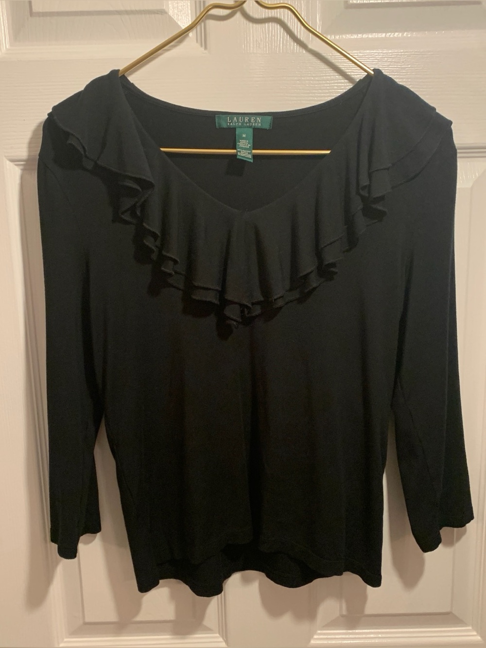 Lauren Ralph Lauren Black Ruffle Neck Long Sleeve Top Size M